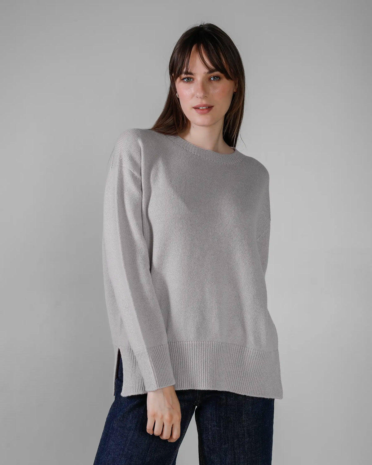 Maxi maglia girocollo lana e cashmere con spacchi laterali, due fili